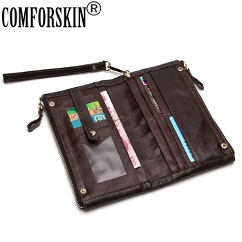 

COMFORSKIN Double Zippers Large Capacity Organizer Wallets Real Leather Cowhide 2020 Long Retro Men Clutch Purses with Wrists