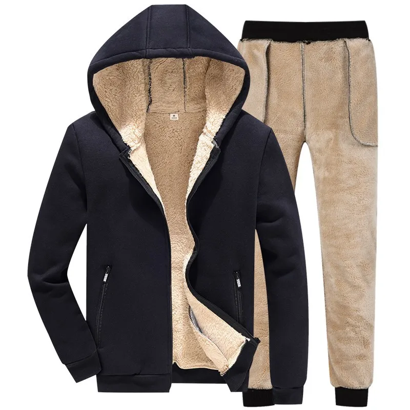 

Winter Men Hooded Jackets Woolen Lining Warm Male Tracksuit Full Length Sweatpants Set Suit Casual Large Size M-4XL Sweatsuits