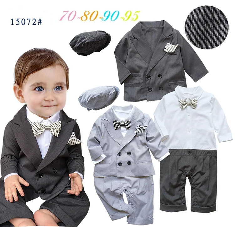Free Shipping 4sets/lot Baby Boy’s Formal Romper with Vest in One,cap and Coat Set