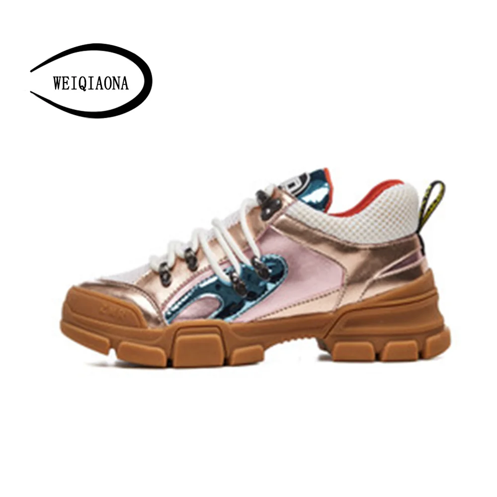 

WEIQIAONA 2018 New Casual Women's Shoes Genuine Leather Fashion High Flats Platform Sneaker Shoes Party Shoes School Shoes
