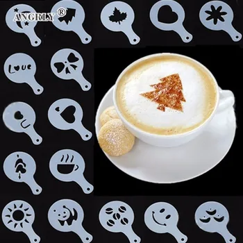 

ANGRLY New 16pcs Plastic Fancy Coffee Printing Model Cafe Foam Spray Template Barista Stencils Decoration Tool