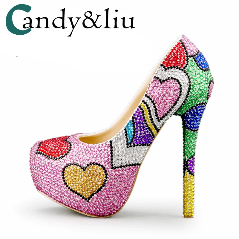 

woman heels heart shape crystal color high heel handmade crystal shoes water drill wedding Party nightclub party dress shoes