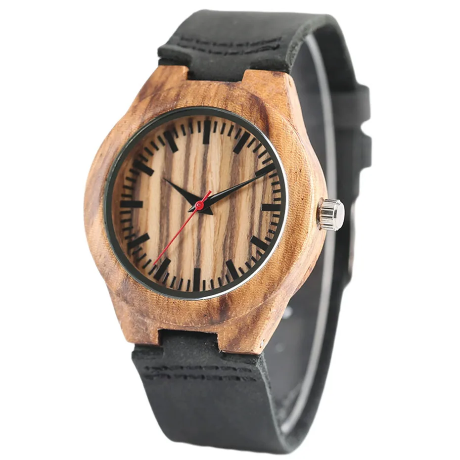 Natural Fashion Stripe Zebra Handmade Wood Bamboo Wooden Watches Women Round Dial Leather Band Analog Quartz Wristwatch (1)