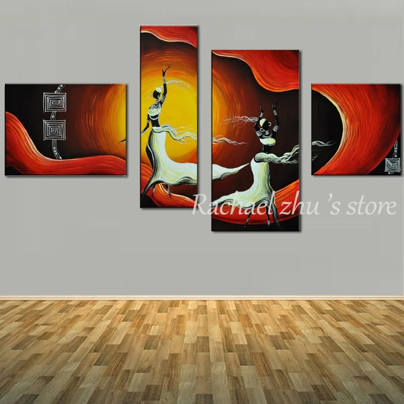 

Hand Painted Abstract 4 Panles African Woman Dancing Oil Painting On Canvas Abstract Figure Wall Pictures Living Room Home Decor
