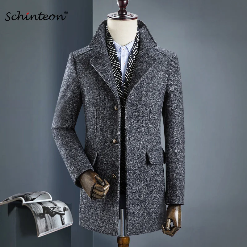 

2019 Schinteon Men Wool Smart Casual Jacket Outwear with Removable Scarf Tick Winter Turn-Down Collar Coat High Quality