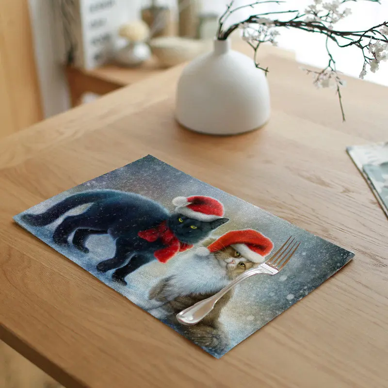 

Christmas Decorative Napkin Cute Animal Fireworks Cat Santa Claus Stove Pattern Meal Tableware Family Table Decoration Placemat
