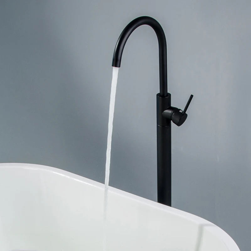  Fapully Bathroom Bath Tub Faucet Shower Floor Mounted Tub Filler Swivel Matte Black Bathtub Mixer F