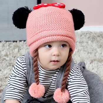 

Cute Baby Wig Hats Bow-knot Children's Knitted Braids Hat For 3 to 18 Months Baby Girls Infant Caps Winter Autumn Head Supplies