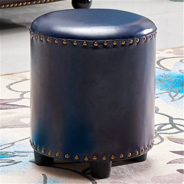 PU Seat Multifunction Low Stool Wooden Household Round Sofa Stool