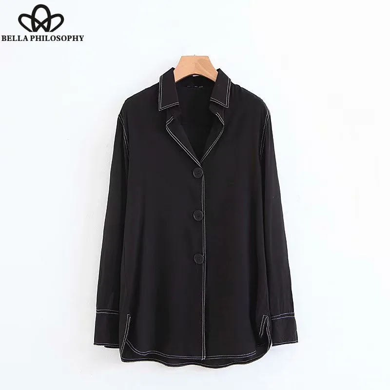 Wonder 2018 women vintage long sleeve contrast color black loose kimono blouse chic shirt women buttons femininas blusas tops