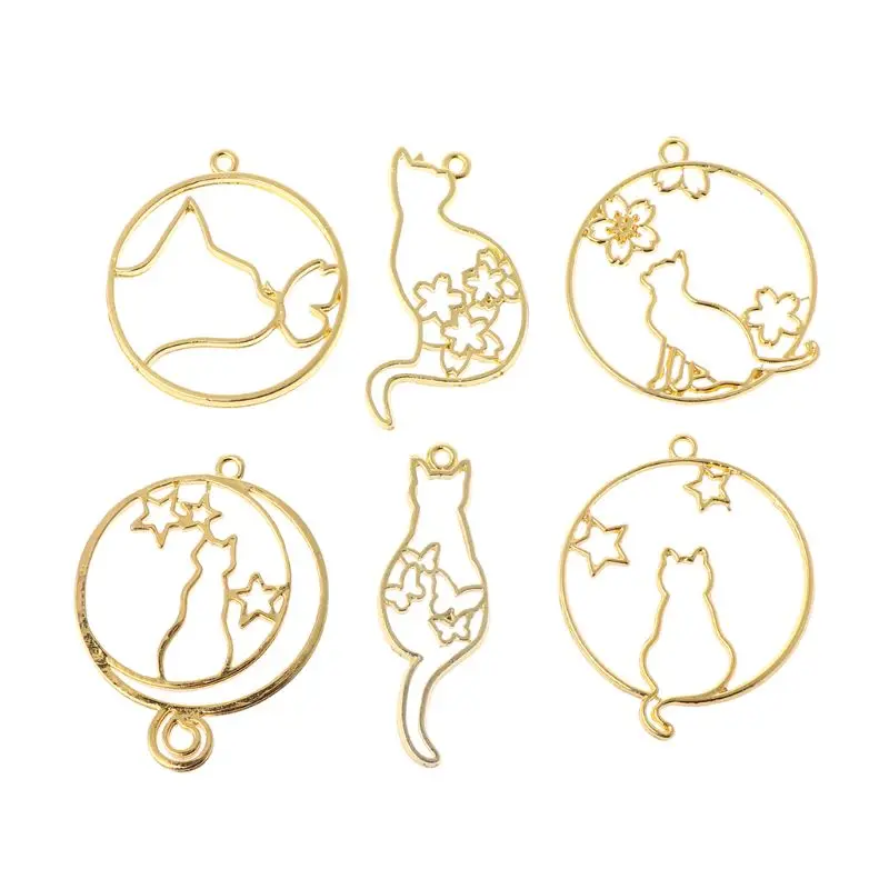 6 шт./компл. металлическая рамка DIY ювелирное ожерелье кулон золотой котенок кот милые Полые рамки Смола инструменты аксессуары ручной