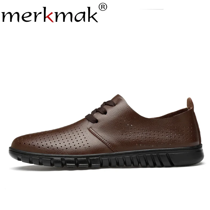 

Merkmak Summer Men Leather Shoes Lace Up Solid Hollow Breathable Casual Male Big Size 36-48 Soft Dress Shoes Moccasins Man Flat