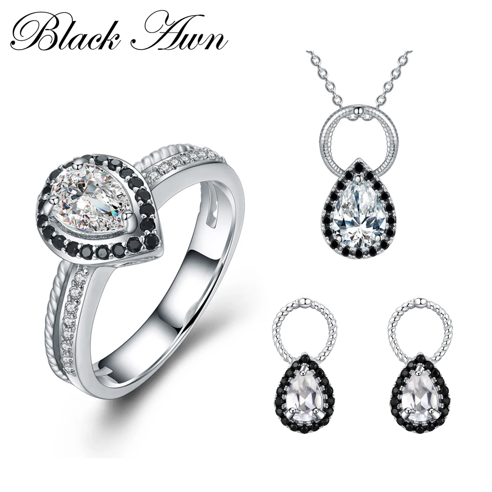 

[BLACK AWN] 925 Sterling Silver Fine Jewelry Sets Trendy Engagement Sets Ring+Earring+Necklace for Women PTR050