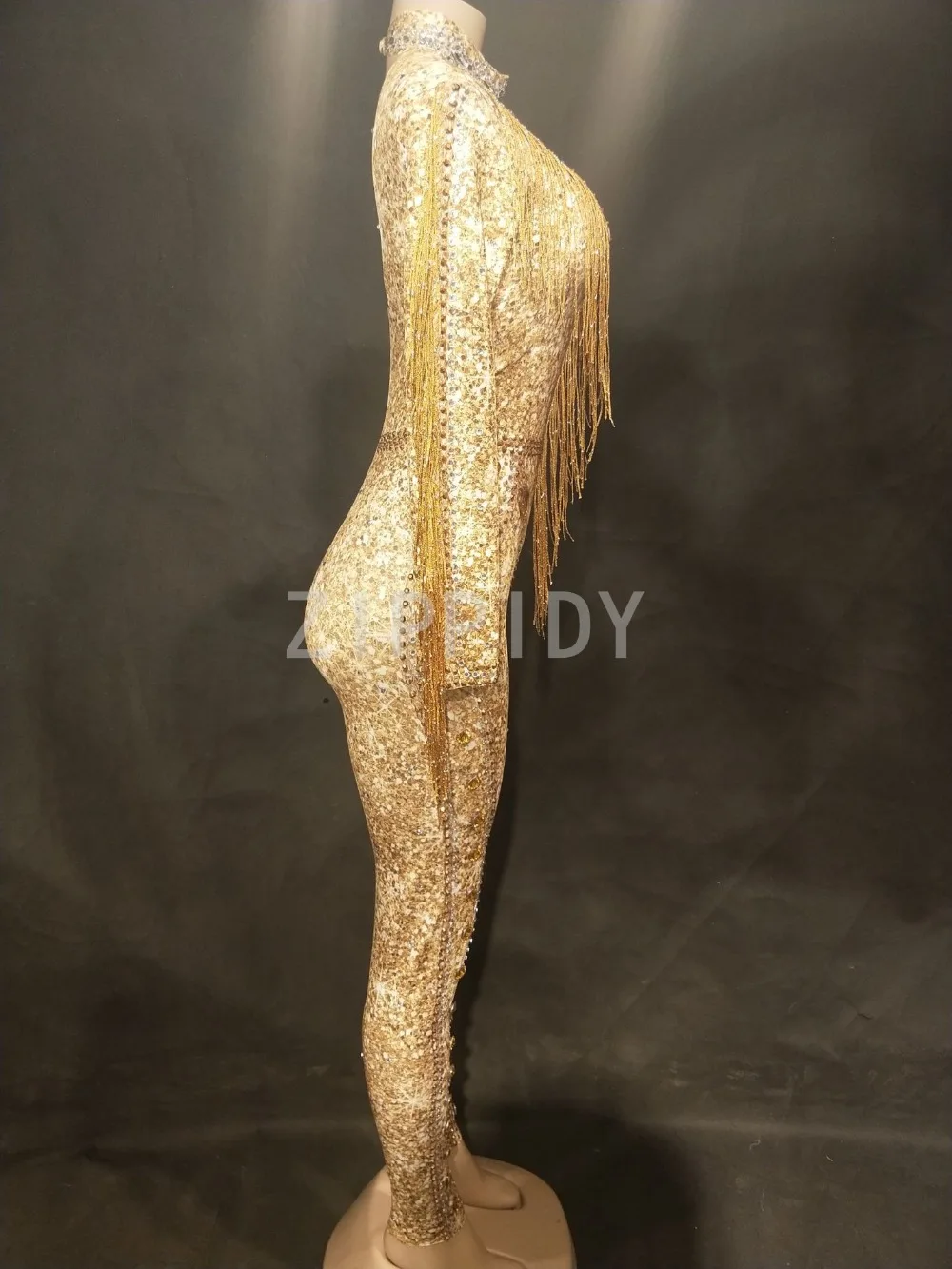 Sparkly Gold Stones Tassel Jumpsuit Rhinestones Sexy Bodysuit Female Singer Evening Stage Wear Women's Birthday Celebrate Outfit