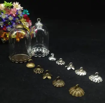 

20sets/lot 30*20 empty bell jar shape glass glob lace tray cap glass wish bottle necklace pendant glass vials diy jewelry gifts