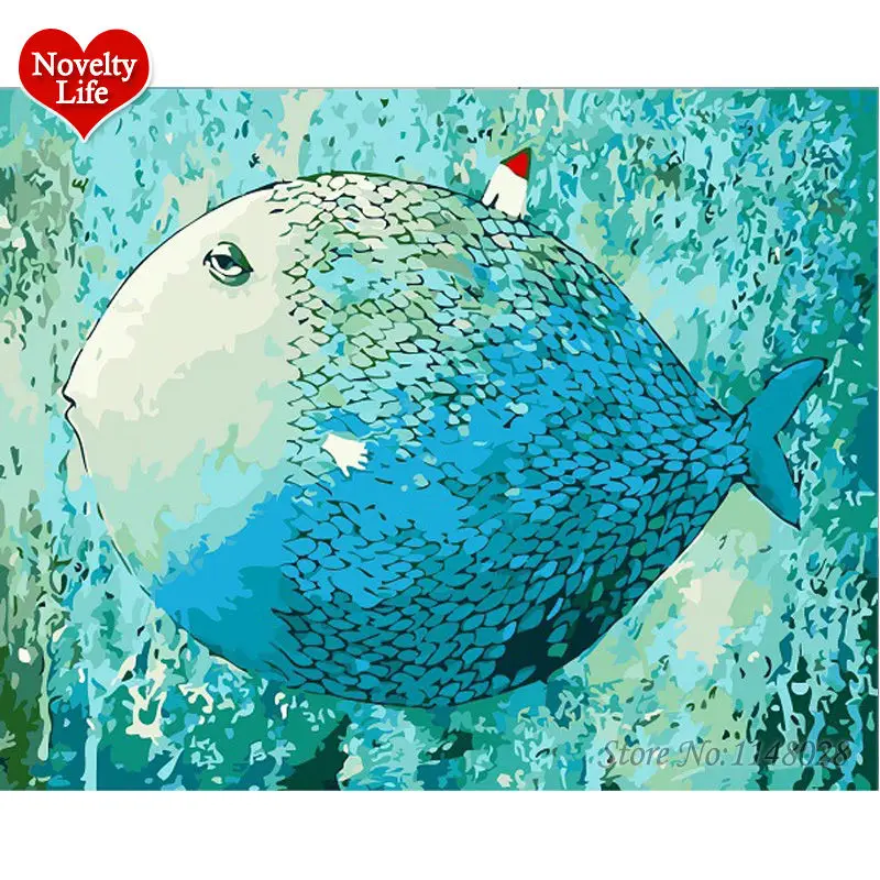 

Framed Picture on Wall Hand Painted Fish House Coloring Painting by numbers Animal Acrylic Design Diy Paint Lobby Decor 40X50cm