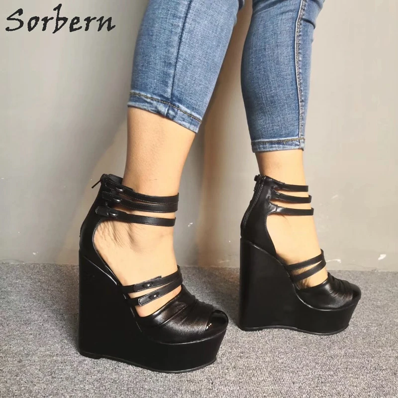 Sorbern/Черная Женская обувь на танкетке; женские туфли на высоком каблуке с ремешком на лодыжке и молнией сзади; цвета на заказ; американский размер 5-15