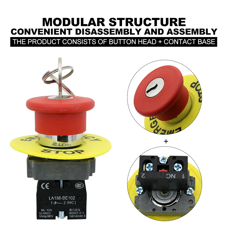 Клавиша аварийной остановки, металлическая кнопка аварийной остановки, Грибная головка, ключ-переключатель, LA188-BS142 для сенсорного экрана, электрооборудование
