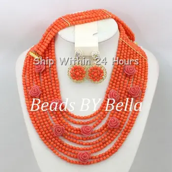 

Wonderful Women Costume Jewelry Set Pink Coral Beads Flower Necklace African Wedding&Party Beads Jewelry Free Shipping ABC930