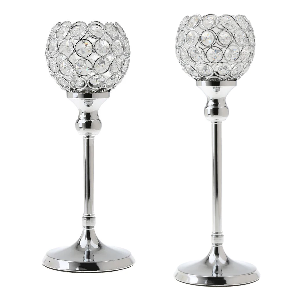 2Pcs Silver Globe Pillar Votive Candle Holder Wedding Banquet Centerpiece 35cm + 30cm