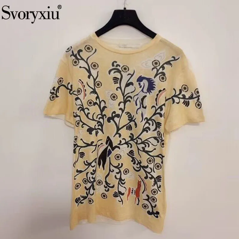 

Svoryxiu Designer Brand Summer Short Sleeve Tees Tops Women's Fashion Abstract Print Casual Comfortable Cotton T Shirts Female