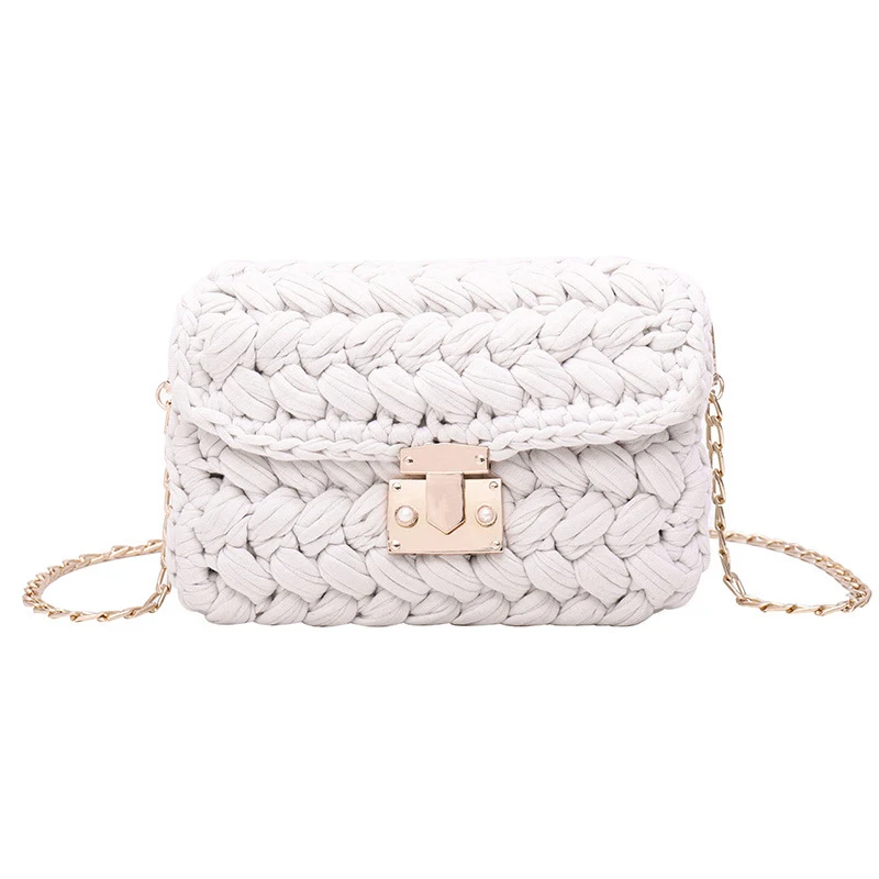

BEAU-New Fashion Hot Ins Woven Knitting Handbag Women Flaps Messenger Bag Cotton Fabric Handmade Plait Cover Shoulder Bag