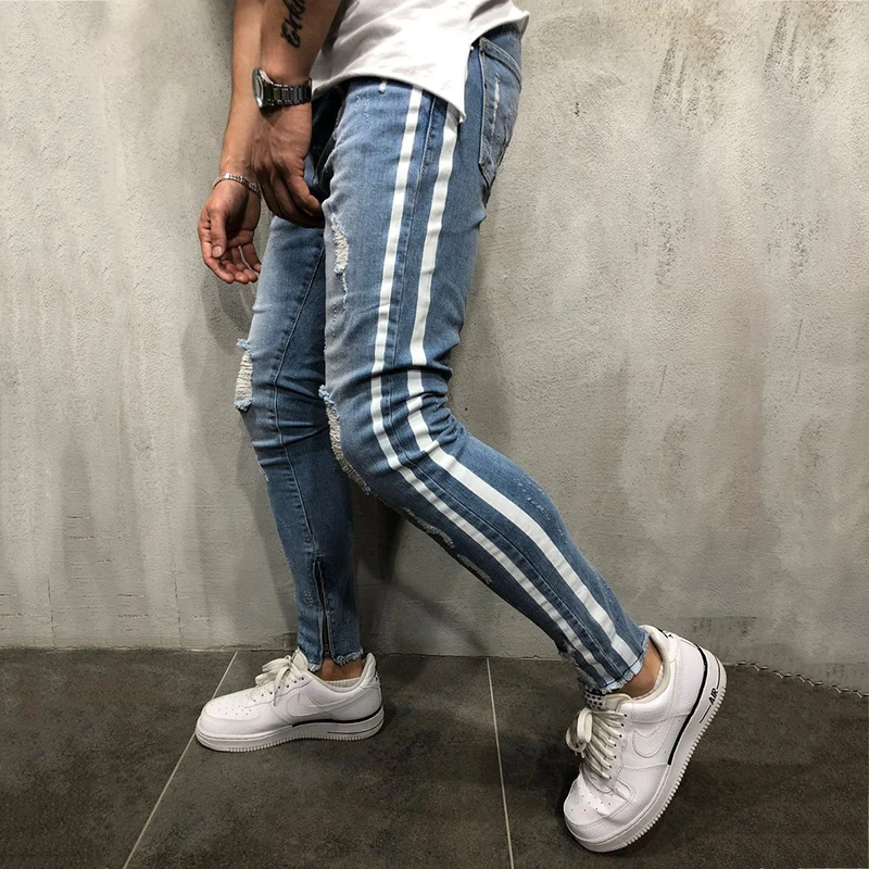 

Men Jeans White Striped Pleated Fake Zippers Skinny Jeans for Men Full length Denim Pencil Pants Male Denim Trousers
