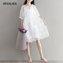 Mferlier белое кружевное платье с вышивкой, летнее Сетчатое платье с высокой талией для женщин, платья из двух частей с круглым вырезом