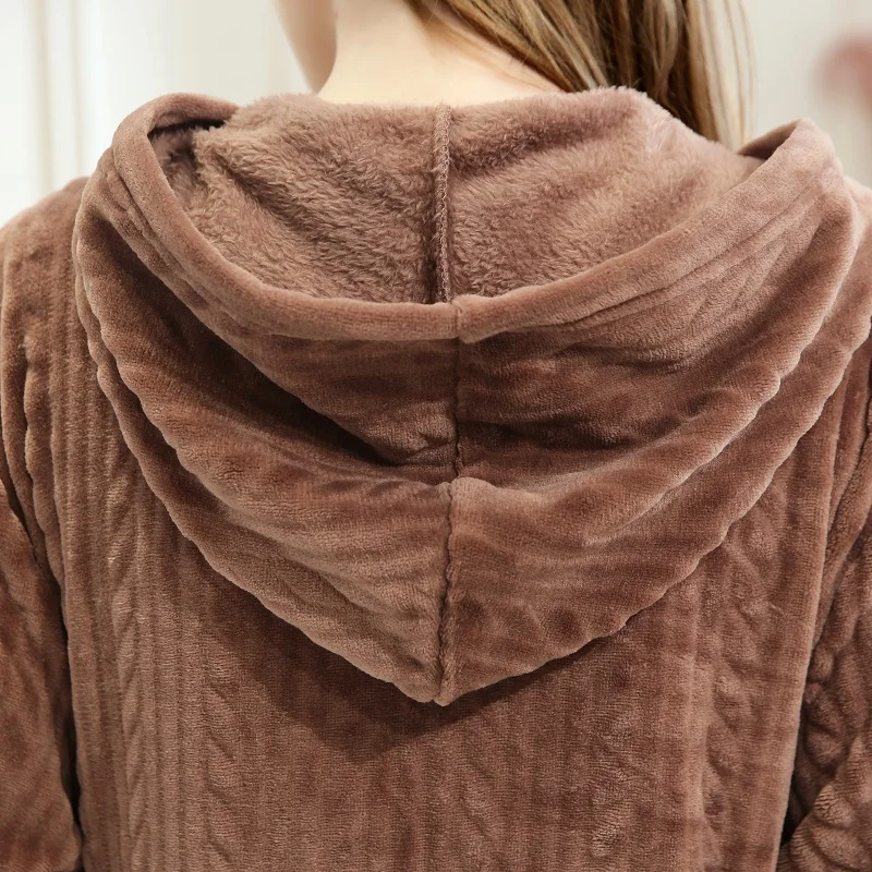Men's Bathrobe with Hooded Flannel Winter Warm Long Robes Couples Fleece Zipper Kimono Male Bath Robe 2019 New Lounge wear