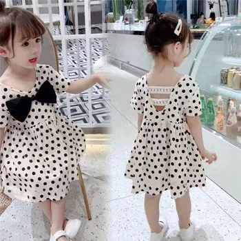

Girl Bowtie Dot Pattern Short Sleeve Princess Dress 2019 Summer New Children Cotton Infant Dresses for 3-8 Years Kids Clothes