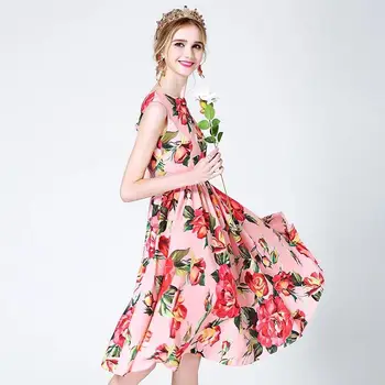 

Customize Made Women Celebrity Runway Dress Ladies Casual Plus Size 3XS-10XL Pink Flower Print Sleeveless Knee Length Dresses