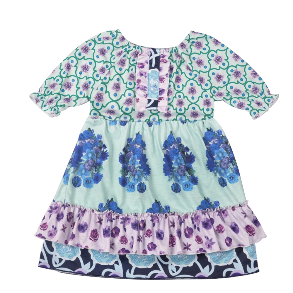 

Baby Girls Clothes Kids Wear Summer With Blue Floral Soft Ruffles Print Dress With boutique Baby Girl Dress LYQ801-032