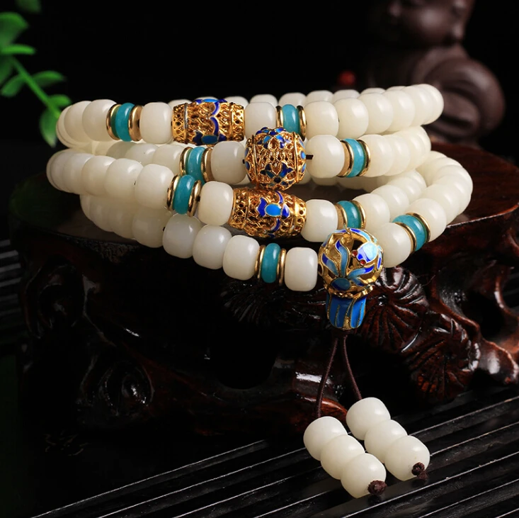 

Dropshipping Original Hainan White Bodhi Root Cloisonne Charm 108 Wooden Handicraft National Bracelet Women Necklace Yoga Prayer