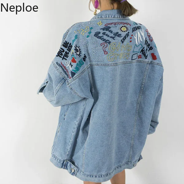

Neploe Vintage Demin Jacket Women Back Embroideried Jeans Coat 2019 New Korean Autumn Cowboy Long Sleeve Causal Outwear 53614