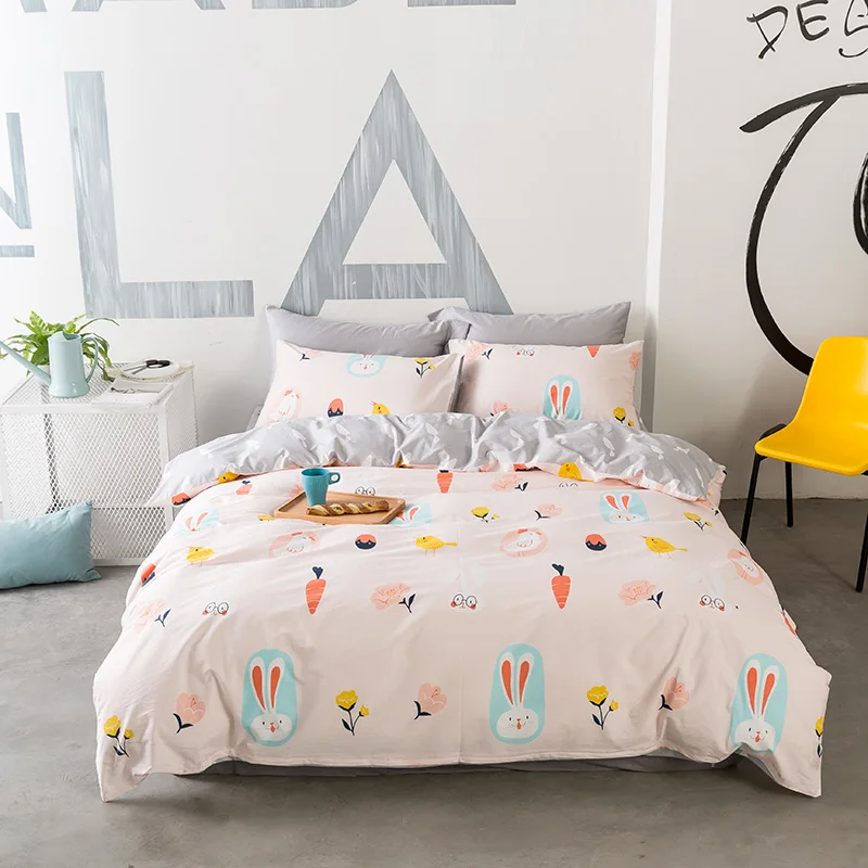 Rabbit and Flowers Printed Duvet Cover Set Grey Bed Sheet Pillow Case