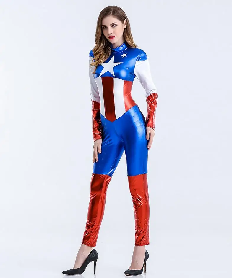Капитан Америка Super Heroes Корректирующие боди для женщин Косплэй Хэллоуин взрослых женщин Мстители Zentai боди Комбинезоны для женщин костюмы для выступлений
