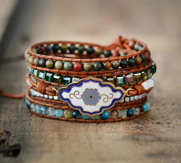 Unique Leather Bracelets Natural Stones Crystals Enamel Charm 5 Strands