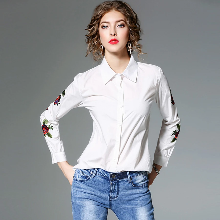 Women Casual Solid Long Sleeves Blouse White Turn Down Collar Shirts ...