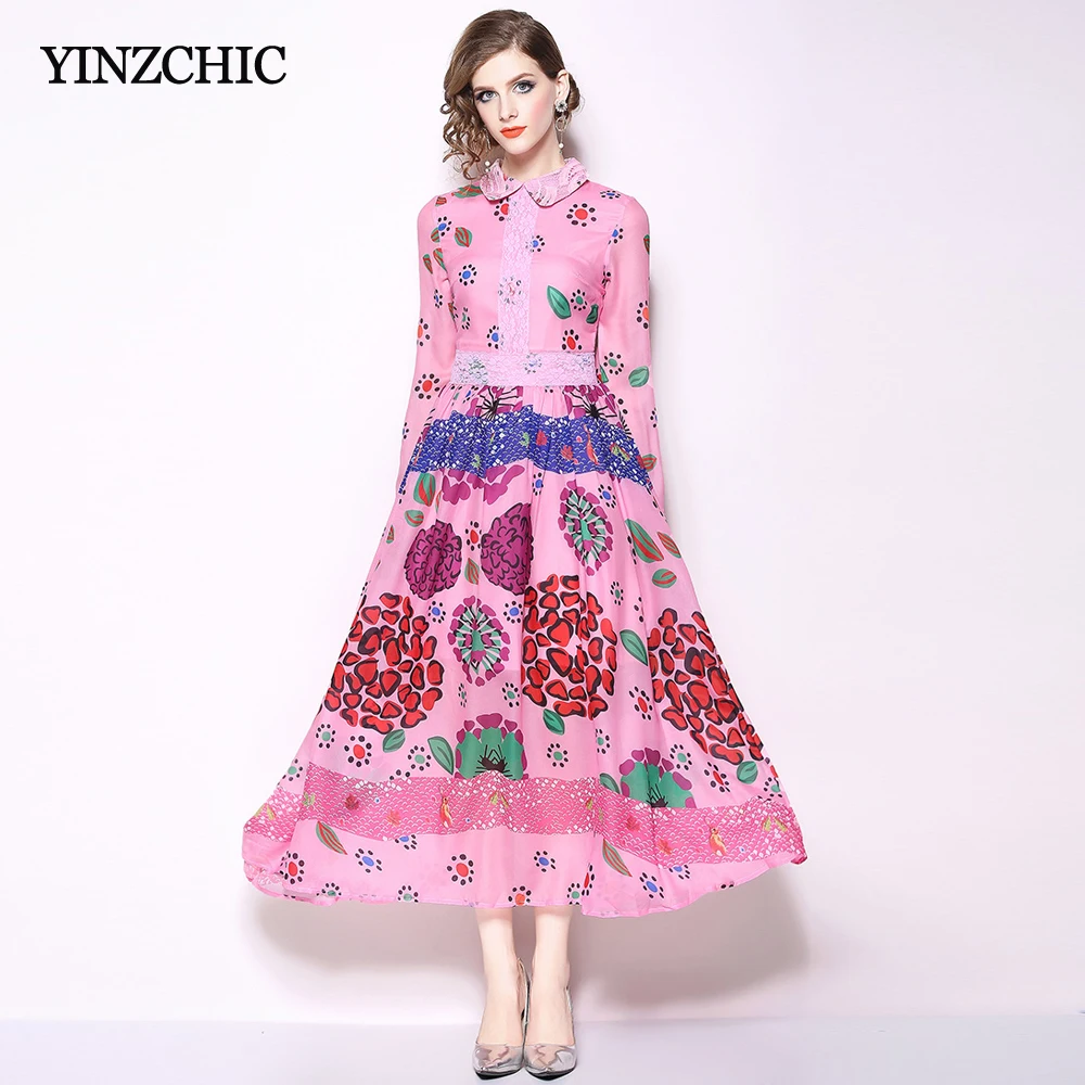 Runway Womans Spring Chiffon Dresses Lace Patched Elegant Pinky Dresses