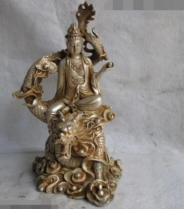 

xd 003374 Buddhism White Copper Silver GuanYin Kwan-Yin goddess Buddha Sit Ride on Dragon