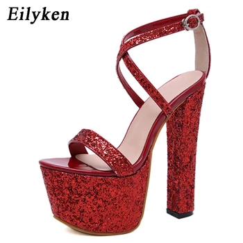 

Eilyken Sexy Sequined Platform Women Sandals Gladiator Party Ankle Buckle Strap Ultra Very High heel 17CM Pumps Club Sandals