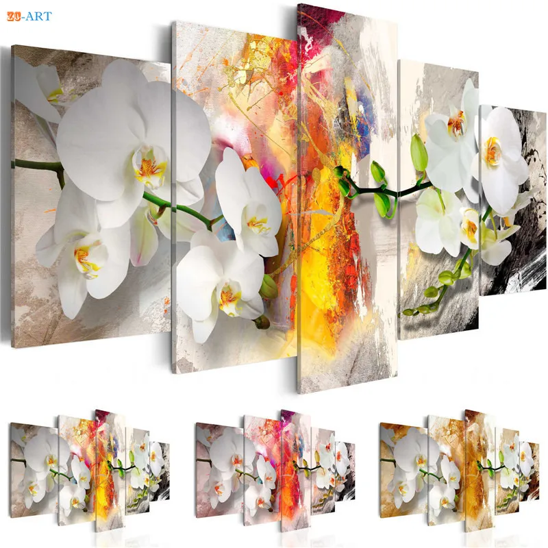 

Yellow and Orange Orchids Flowers Prints Poster Wall Painting 5 Pieces Modern Colorful Canvas Wall Art for Kids Room Home Decor