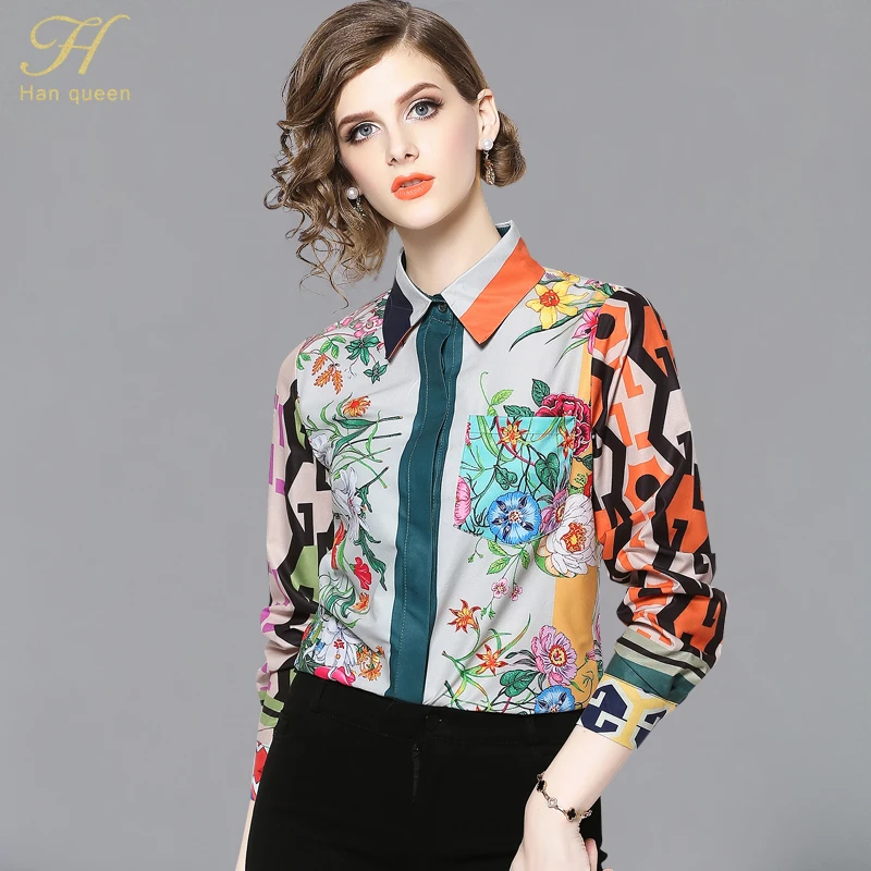 En Ligne H Han Queen femmes Vintage imprimé floral dames hauts en mousseline de soie à manches longues blouse décontractée femme travail porter des chemises de bureau