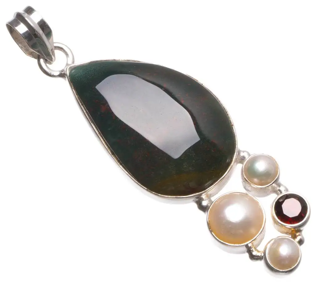 

Natural Blood Stone,Smoky Quartz and River Pearl Handmade Boho 925 Sterling Silver Pendant 2 1/4" U0424