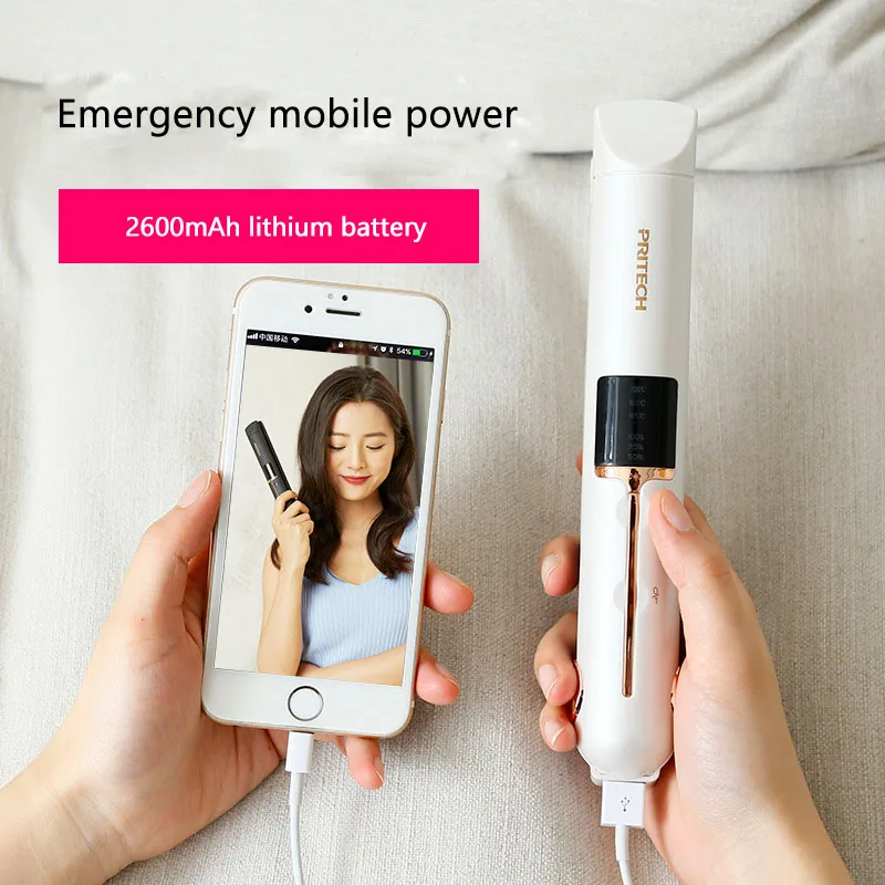 

USB Charging Professional 2 in 1 Hair Curler Straightener Wireless Portable Mini Digital Display Electric Splint 2600mAh