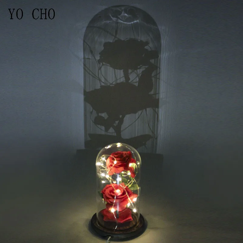 

YO CHO Artificial Rose Flower In Flask LED Flash Rose Lamp Romantic Valentine's day Gift Chritmas Home Wedding Decor Glass Cover