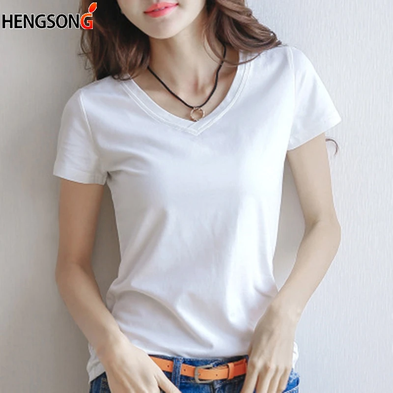 2018 Summer Short Sleeve T-shirt Women V-Neck / Round Neck Solid Color Tees Black / White Simple Women T Shirt Casual Tees Tops 2018 Summer Short Sleeve T-shirt Women V-Neck / Round Neck Solid Color Tees Black / White Simple Women T Shirt Casual Tees Tops
