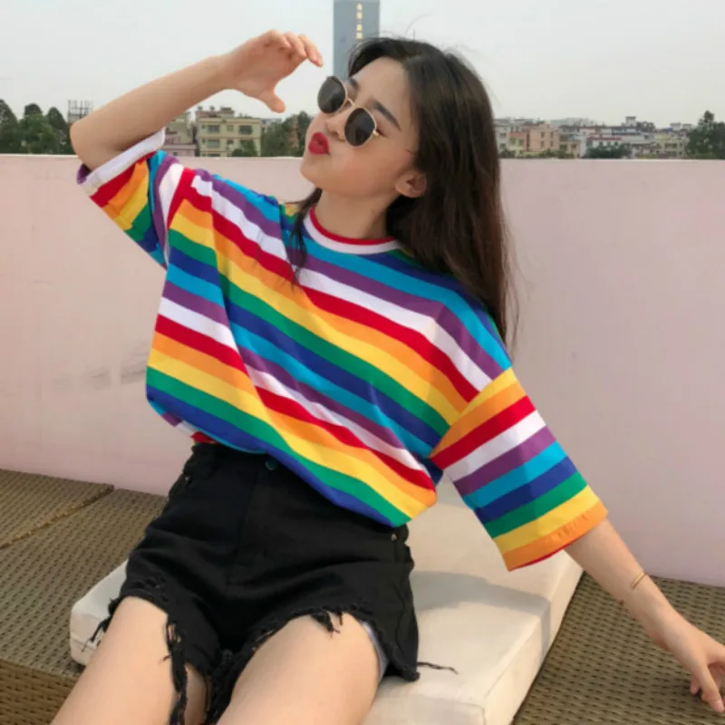 Harajuku Lolita Arco Iris rayas camiseta suelta ropa femenina verano Tumblr estilo Preppy camiseta de gran -