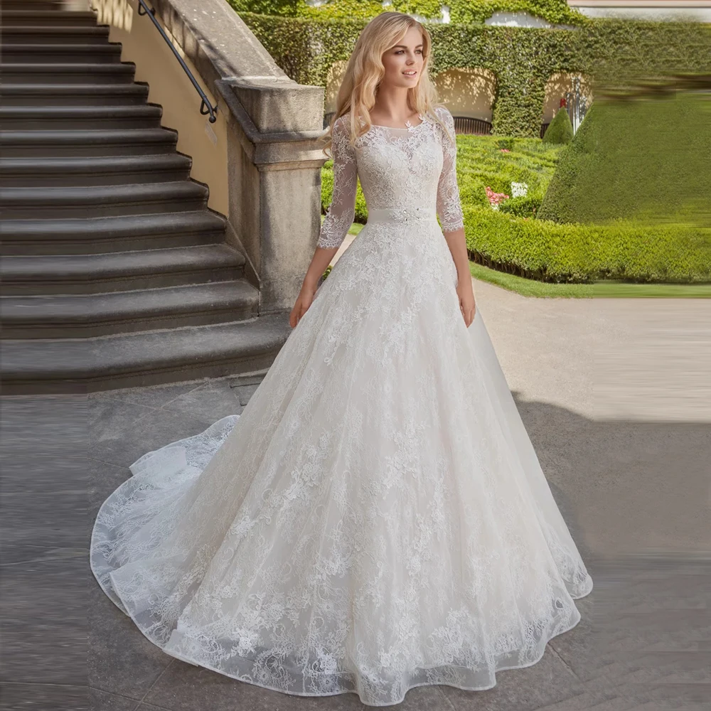 Lace Bardot Ball Gown Wedding Dress Elegant Lace Wedding Dresses Long Sleeves Applique Scoop Neck A- Lace Bardot Ball Gown Wedding Dress Elegant Lace Wedding Dresses Long Sleeves Applique Scoop Neck A-