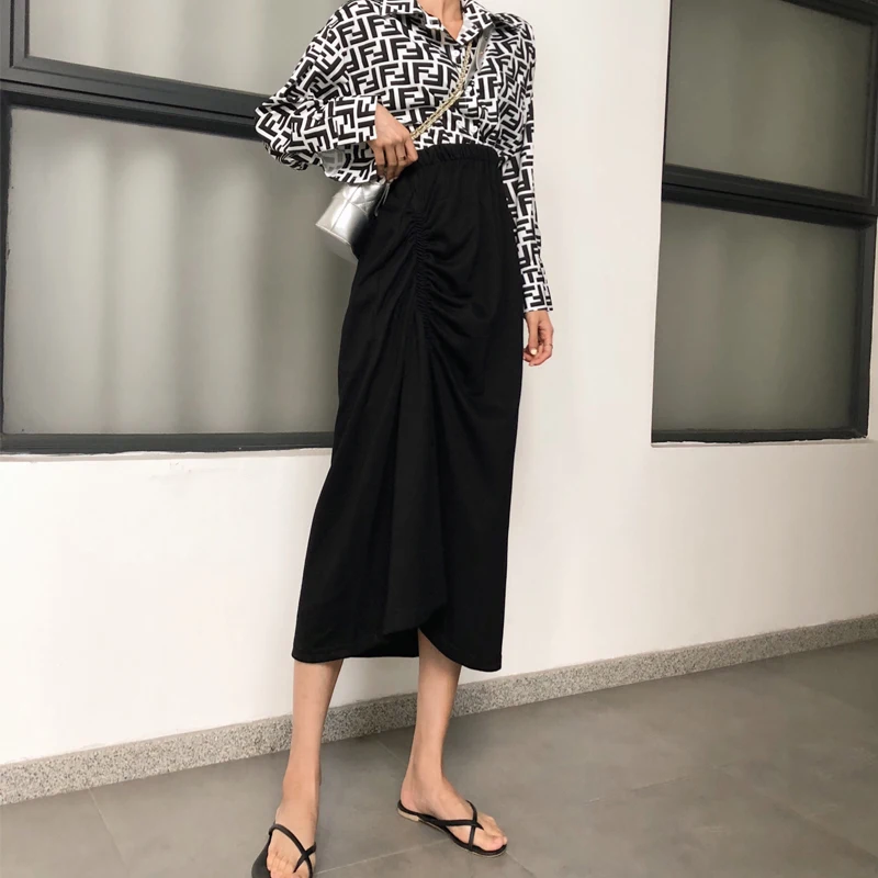 2018 модные Повседневное морщин Chic Нерегулярные юбка миди Для женщин эластичный